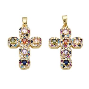 Imagem de Clotiry 10 peças de pingentes de crucifixo de zircônia cúbica cor arco-íris cruz de latão pingentes religiosos para fazer joias, brincos, colar e achados