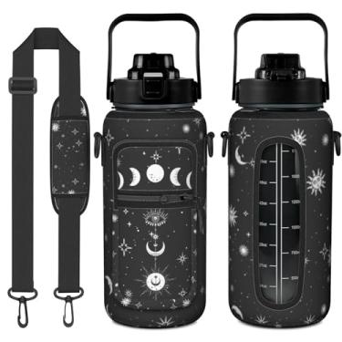 Imagem de Garrafa de água Goth Moon de 1,8 litro com manga - tampa de aba livre de BPA - Marcador de tempo motivacional à prova de vazamento - Presentes góticos para mulheres - Halloween gótico lua para