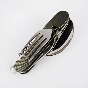 Imagem de Canivete Multifuncional em Aço Inox e Nylon, 6 em 1 com Garfo, Faca, Colher, Abridor, Saca Rolhas, Dobrável, 26cm Aberto, 10,8cm Fechado