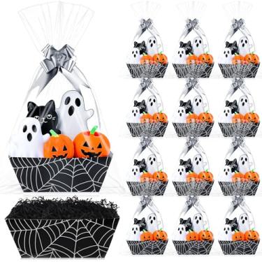 Imagem de Fulmoon 20 conjuntos de cestas de presente de Halloween vazias de teia de aranha kraft com alças laços transparentes sacos de presente ráfia para casamento, aniversário, Halloween, festa de