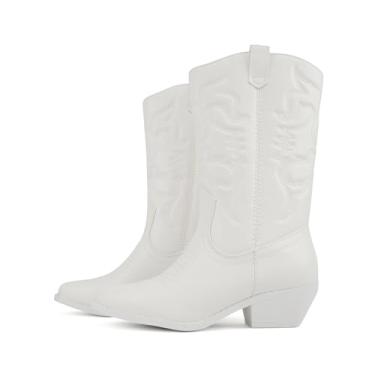 Imagem de Soda "Rodeo" ~ Botas caubói femininas de cano alto com detalhes costurados, bico fino e salto baixo, A-all branco, 42