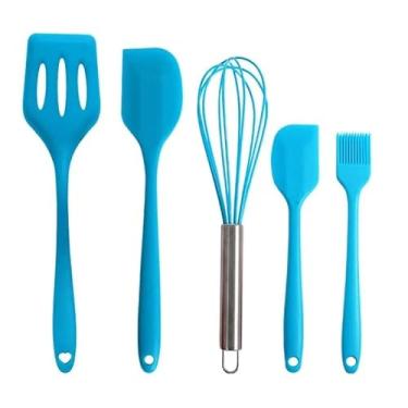 Imagem de Kit 5 Peças Utensílios de Cozinha Silicone Colher Espátula Fue Espátula Pequena Pincel(AZUL)