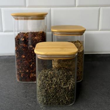 Imagem de Conjunto Potes Herméticos Quadrado de Vidro Borossilicato com Tampa de Bambu, Transparente, 570ml/750ml/1000ml, 3 Peças