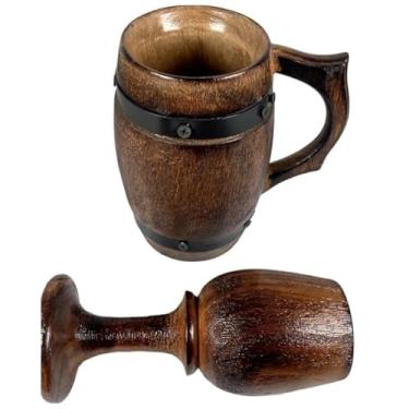 Imagem de collectiblesBuy Caneca de madeira marrom escuro rústica estilo clássico com alça de metal redonda e taça de cerveja de vinho de madeira feita à mão, combinação perfeita para utensílios de mesa