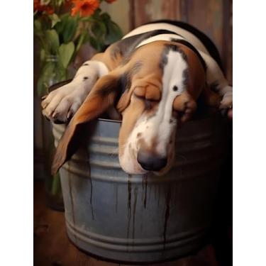 Imagem de UPABLUNSO Basset Hound Dog Diamond Painting for Adults, 5D Diamond Art Kit completo de arte de diamante de broca, conjunto de pintura floral DIY, para decoração de quarto, presentes 30 x 40 cm