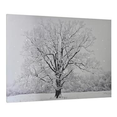 Imagem de Paisagem de tela iluminada grande com temporizador, impressão de pintura emoldurada de cena de inverno preto e branco, luzes de fibra óptica operadas por baterias, design pronto para pendurar