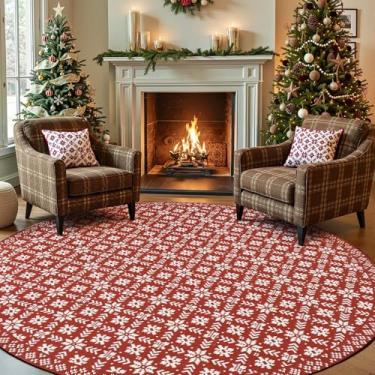 Imagem de jinchan Tapete de Natal redondo de malha para sala de jantar 2,4 m círculo vermelho tapete de férias para sala de estar clássico floco de neve impresso tapete interno macio para quarto lavável