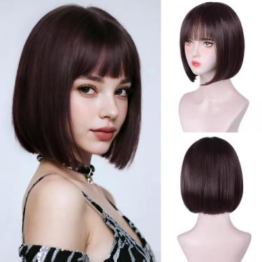 Imagem de Peruca Aida Blue Brown Bob Peruca sintética para mulheres com franja -