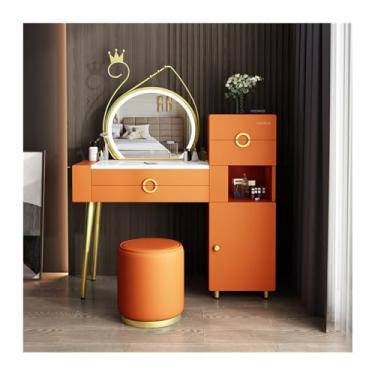 Imagem de Escrivaninha de penteadeira Mesa de toucador grande com gavetas, espelhos e bancos, conjunto maquiagem moderno armário armazenamento, penteadeira para quarto(Orange)