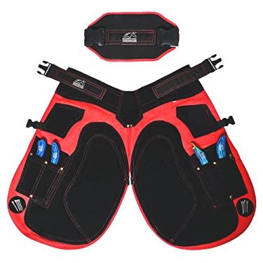 Imagem de Equine Care Avental Farrier – 25" (65 cm), couro preto e lona vermelha, cintura ajustável, 4 bolsos de faca, 2 ímãs – Avental de ferrador durável para sapatos de cavalo e aparar cascos