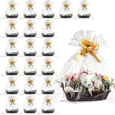 Imagem de Soaoo 20 cestas vazias para presentes, 35 x 25 x 7 cm, cesta grande de armazenamento de vime de Natal com alça e sacos de presente e laços dourados para presentes de festa de Ação de Graças de Natal