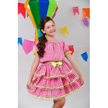 Imagem de Conjunto Meninas Junino Rosa Xadrez Cropped Com Saia Luxo - Vestido In