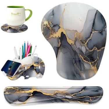 Imagem de Conjunto de mouse pad ergonômico para descanso de pulso com teclado, base de poliuretano antiderrapante para laptop, casa, jogos, escritório, suporte de caneta elefante combinando e porta-copos