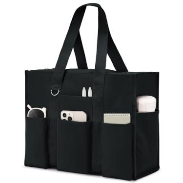 Imagem de Becokan Bolsa feminina grande, impermeável, com 12 bolsos, fecho de zíper, utilitária, professora, enfermeira, para trabalho, escola, Preto, Medium
