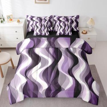 Imagem de Erosebridal Conjunto de edredom Queen abstrato moderno, violeta, roxo, geométrico, graffiti, listrado, geométrico, linhas de aquarela, conjunto de colcha com fronhas, arte de meados do século, 7 peças
