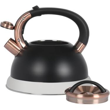 Imagem de Chaleira de chá assobiada de aço inoxidável de 2,2 litros – Chaleira de fogão com alça que permanece fria, design de aquecimento rápido e alerta de fervura audível – disponível em preto e prata (preto