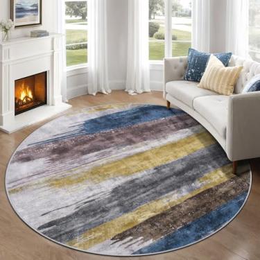 Imagem de Ciicool Tapete redondo lavável de 1,5 m, tapetes circulares abstratos modernos, antiderrapante, fino, leve, amarelo, azul, estampa circular, tapete envelhecido para quarto, sala de estar, embaixo da