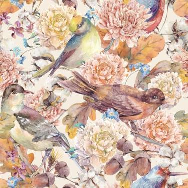 Imagem de FunStick Papel de parede floral vintage de 44,5 x 899 cm, rosa, laranja, amarelo, papagaio, pássaro, papel de parede chinoiserie, aquarela, para banheiro, papel de contato à prova d'água para armários