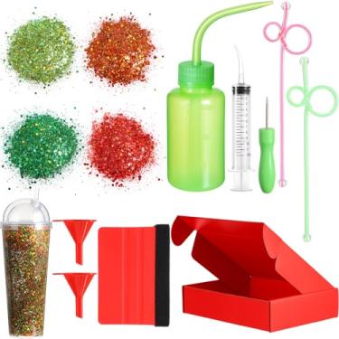 Imagem de Jerify Kit de ferramentas faça você mesmo globo de neve, 4 cores, glitter grosso, garrafa de plástico, funis, seringa curvada, haste de agitação, furador, espátula para fazer copos criativos e