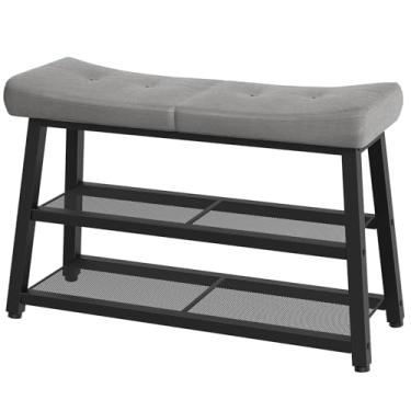 Imagem de YATINEY Banco de sapatos, sapateira de 3 níveis, banco de entrada com armazenamento e almofada, para corredor, hall de entrada, quarto, cinza e preto HX02BG