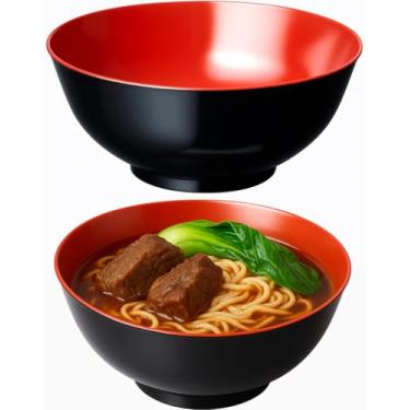 Imagem de JapanBargain 2396, Tigelas grandes de ramen de plástico preto e vermelho estilo japonês para macarrão Udon Pho, sopa de cereais, 1,5 g, pacote com 2