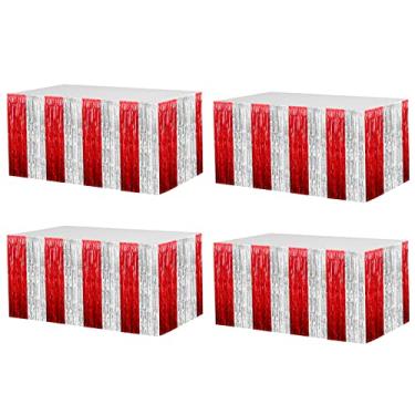 Imagem de Pacote com 4 saias de mesa com franjas metálicas de 73 cm x 274 cm para mesas retangulares, pano de fundo para casamento, aniversário, desfile, decorações de festa de Dia dos Namorados (prata vermelha)