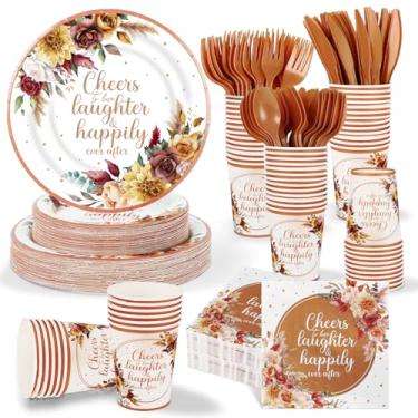 Imagem de 350 peças Boho outono casamento chá de panela prato de papel outono vintage rosa pampa grama descartável conjunto de utensílios de mesa com facas, garfo, brinde de festa de despedida de solteira para