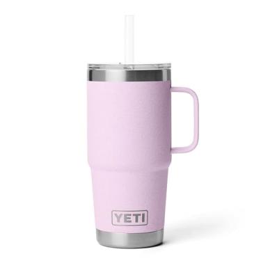 Imagem de YETI Copo Rambler de 740 ml com alça e tampa de palha, copo de água para caneca de viagem, copo isolado a vácuo com alça, aço inoxidável, flor de cerejeira - texturizado