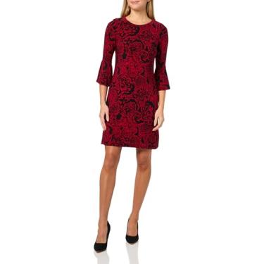 Imagem de Tommy Hilfiger Vestido feminino 3/4 manga sino jersey stretch Shift, escarlate profundo/preto, 46