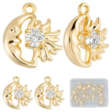 Imagem de Beebeecraft 1 caixa, 12 peças, pingentes de lua e sol, latão banhado a ouro 18 K, 14,5 x 13 x 4 mm, pingentes pequenos com pingente de sol e lua com zircônia cúbica para fazer joias, colar, brincos