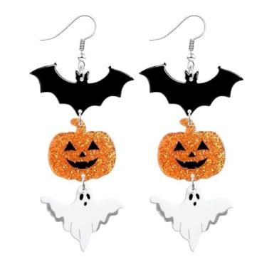 Imagem de Brincos de Halloween com pingente de morcego de caveira preta para mulheres, brincos engraçados de fantasma assustador, borlas longas, brincos de gota de abóbora, presentes de Halloween para festas e