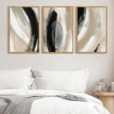 Imagem de KUVIOKE Arte de parede emoldurada abstrata preta neutra minimalista grafite pastel decoração de parede ilustração moderna pintura artística para quarto sala de estar 61 x 91 cm (moldura natural)