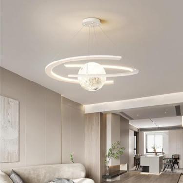 Imagem de Candeeiro moderno com anel LED, candeeiro suspenso ajustável, candeeiro suspenso com impressão 3D, candeeiro de teto com design de lua e planeta, ideal para quarto de criança, sala de jantar e sala de