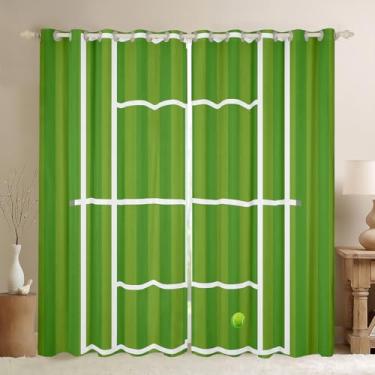 Imagem de Manfei Conjunto de 2 painéis de cortina de janela de quadra de tênis, competição de tênis de Wimbledon, jogo esportivo, pastagem, cortina geométrica de patchwork com listras azuis para adolescentes e