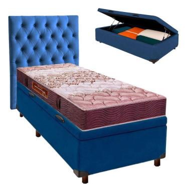 Imagem de Conjunto Cama Box Bau Azul Solteiro + Colchão D26 Ortophedic Sankonfort + Cabeceira