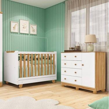 Imagem de Quarto de Bebê com Cômoda 1 Porta e Berço 4 em 1 Minicama 100% Mdf Mike Espresso Móveis Branco Brilho/Amêndoa