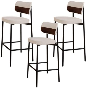 Imagem de Kit 03 Banquetas Alta Bar Cozinha Sala De Jantar Aço Preto Kaira C01 Linho Palha Courino Whisky - Lyam Decor