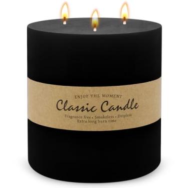 Imagem de Vela grande de 3 pavios, pilar preto, 15 x 15 cm, sem cheiro e sem cheiro, vela grossa feita à mão com 120 horas