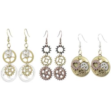 Imagem de 3 pares de brincos vintage steampunk com engrenagem divertida, retrô, estilo punk, joias para mulheres e homens, 3 estilos"