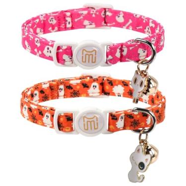Imagem de Maca Bates Pacote com 2 coleiras para gatos com sino Halloween caveira rosa e morcego preto com pingente fofo, durável, ajustável, macio para PP, pequeno, médio, grande, menino, menino, menina, fêmea