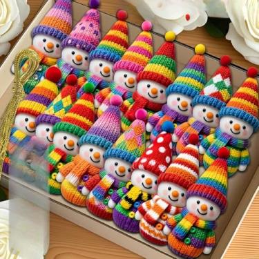 Imagem de Ornamento plano 2D, 16 peças coloridas de boneco de neve – 12,4 cm, topo redondo de árvore de madeira sintética, pingente e decorações para pendurar com cortinas de arco-íris e tampas pompom