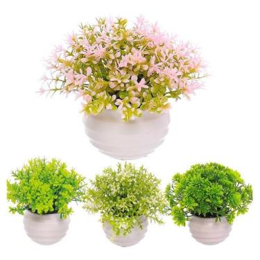Imagem de Mini Vasinho com Flores Artificiais – Decoração para Casa, Escritório e Quarto – Vaso de Plástico com Plantas Realistas (Modelo Enviado Aleatoriamente)(1 VASO BRANCO)