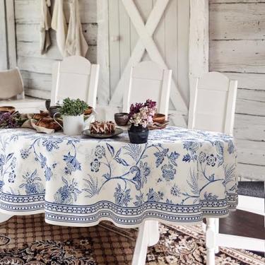 Imagem de Toalha de mesa oval floral azul 137 x 182 cm, toalha de mesa rústica floral de poliéster impermeável para decoração de cozinha de fazenda/mesas/festas/piqueniques internos e externos