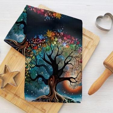 Imagem de Toalhas de cozinha coloridas para árvore da vida, arte de fantasia, toalha de prato de microfibra absorvente, toalha de chá, toalhas de mão macias de waffle para decoração de casa de banho, presentes