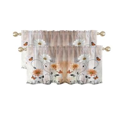 Imagem de AAtter Cortina floral laranja para janela terracota flor rústica margarida branca pequena curta casa sala de estar quarto banheiro tecido drapeado 2 peças, 132 cm L x 45,7 cm C x 2, borboleta
