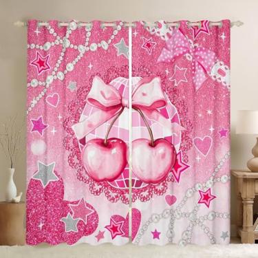 Imagem de Cortinas de janela infantis com laço cereja rosa, laço diamante estrela amor coração cortinas de janela para meninas mulheres, gravata borboleta pontos princesa romântica chique tratamento de janela