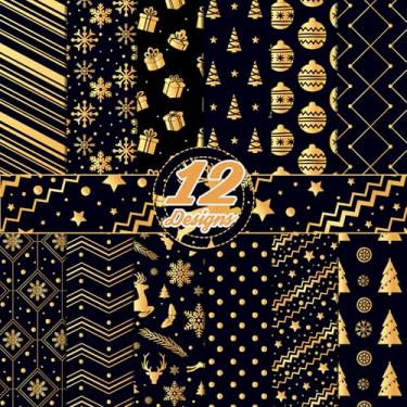 Imagem de Bloco de papel para scrapbook com 24 folhas de Natal dourado e preto, 29 x 29 cm, árvore de Natal, flocos de neve, ramos de pinheiro, sinos estampados, papel cartolina dupla face para fazer cartões de