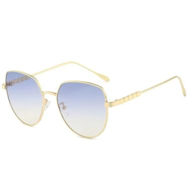 Imagem de JRLLFD Óculos de sol vintage de metal com armação grande para mulheres e homens, moda ao ar livre, fotografia de rua, UV400 (dourado, azul, chá)