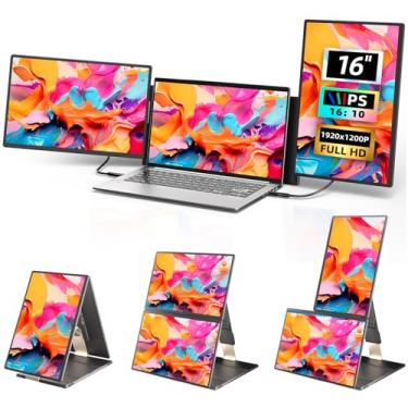 Imagem de Monitor portátil para laptop – Monitor portátil triplo de 16 polegadas FHD 1200p Plug & Play para extensor de tela de laptop, painel IPS, tela estendida, rotação de 235° para trabalho/viagem