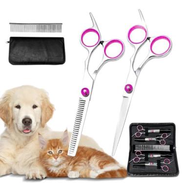 Imagem de Tesoura De Tosa Para Cães 5 Em 1 Rosa Kit Tesoura Cabelo Inox, Tesouras Cabelo Profissional Multifuncional Para Cabeleireiro, Cães e Gatos